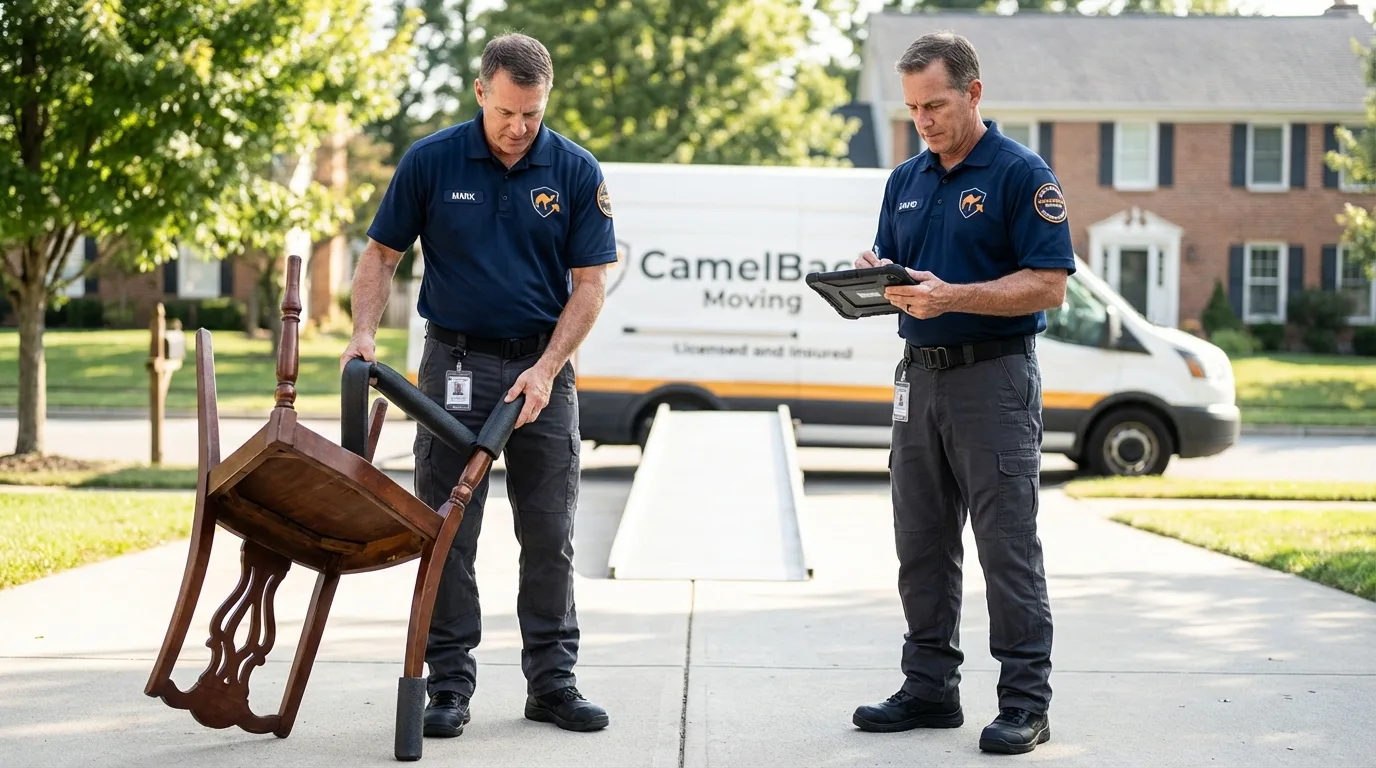 Movers inspecting furniture for damage prevention before loading in Shamokin, PA