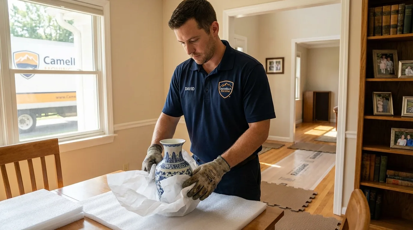 Professional crew carefully wrapping antique vase for senior downsizing move in Shamokin, PA